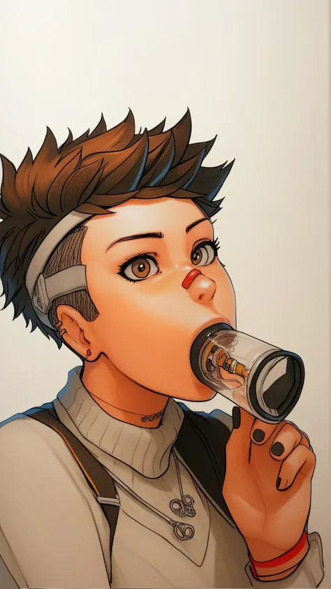 anime boy drinking from a bottle while wearing a headband