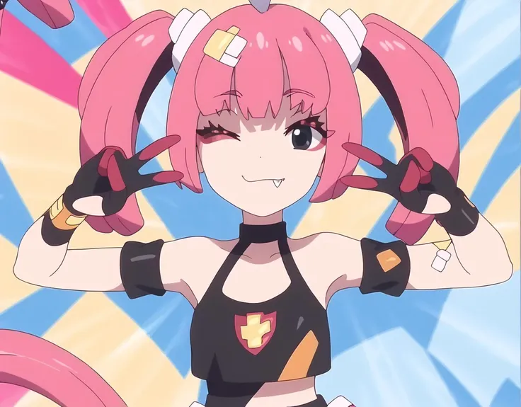 anime girl with pink hair and black top holding two pink scissors