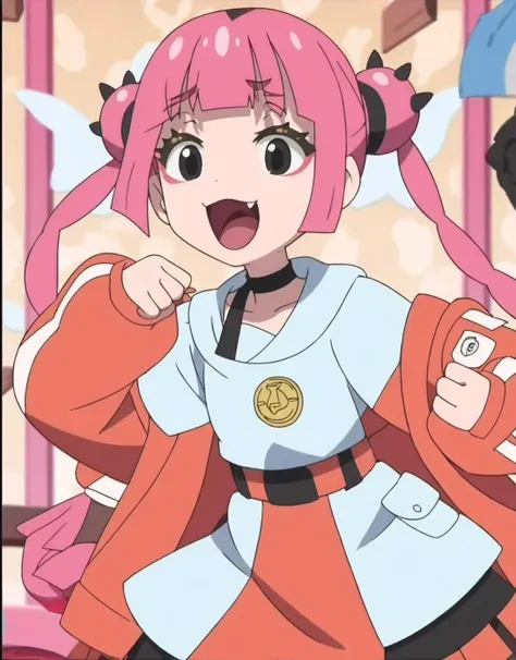 anime girl with pink hair and a pink jacket and a black tie