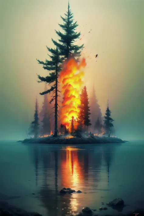 a painting of a fire in the middle of a forest