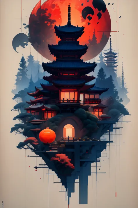 a painting of a pagoda with a full moon in the background