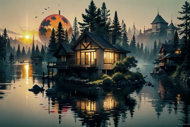 a painting of a house on a lake with a full moon in the background