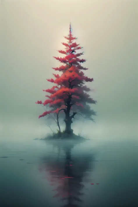 a lone tree stands in the middle of a lake with a foggy sky