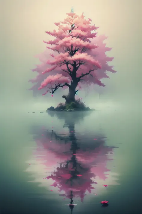 a tree with pink flowers is reflected in the water