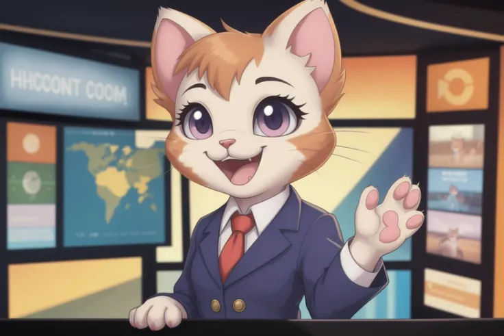 An adorable joyous kitten newscaster, solo,
"This is Kitty Pawsley for the Evening Mews."