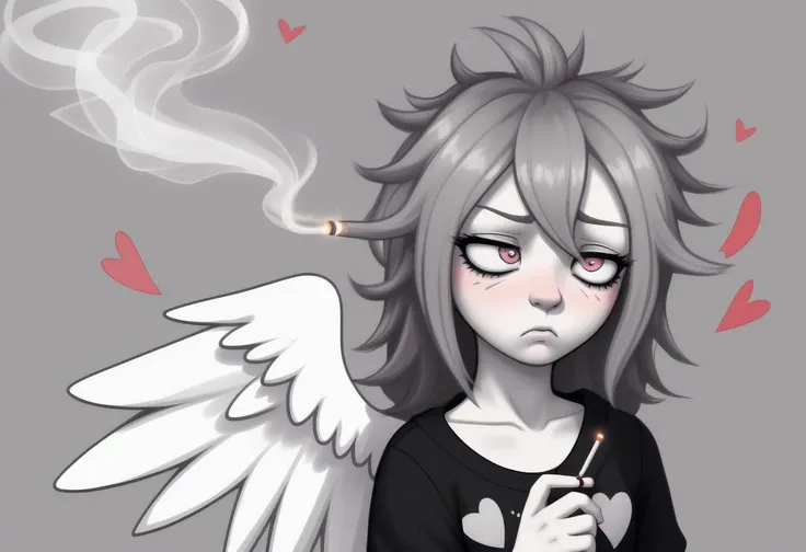 tired_gray_gloomy_heart_print_background,
1girl, cute, adorable, cupid, heart_hair_ornament, heart_print, angel_wings, tired_eyes, exhausted, smoking_cigarette, scowl, unamused,
"Oh, fuck off."