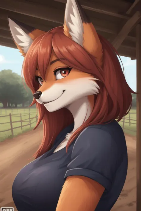 a woman with long red hair and a fox ears is standing in front of a fence