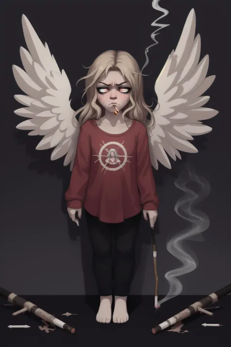 1girl, cute, adorable, cupid, broken_heart_print, angel_wings, tired_eyes, exhausted, smoking_cigarette, scowl, unamused,
"Christ on a pogo-stick, yer into some weird shit, kid. Im gonna need more arrows."