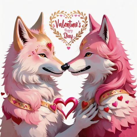 two wolves (nuzzling_noses), (negative_space) forms a heart shape, two_noses, lora:Harrlogos_v2.0:1.2> text logo (Happy Valentines Day), pink, gold, none, colorful, furry