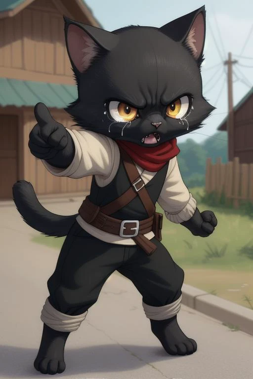 dynamic_pose,
a cute_black_cat bandit standing on the path and pointing_at_viewer, fierce, adorable, fierce, crying, annoyed,
"Stop waffing! Dis is a wobbewy!"