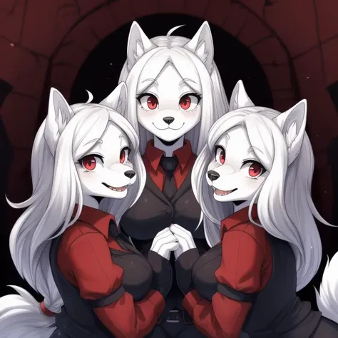 <lora:CerberusV1:0.7> animal ears, cerberus (helltaker), (wolves|dogs), long hair, white hair, multiple girls, triplets, 3girls,