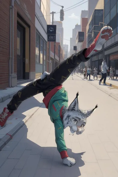 dynamic_pose, line_of_action,
<lora:Nooshy:0.8> lynx, nooshy, furry, breakdancing on a piece of cardboard on a street_corner in Toronto,