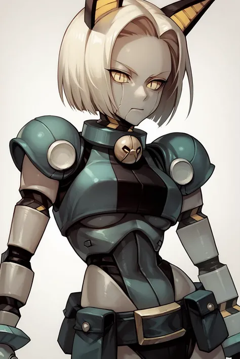 masterpiece, detailed quality, 1girl, solo, simple background, score_9, source_anime, score_8_up, score_7_up, android 18, <lora:miss-robo-fortune-2:1> robo-fortune, yellow eyes, no humans, robot joints, humanoid robot, colored skin, bell, bob cut, short ha...