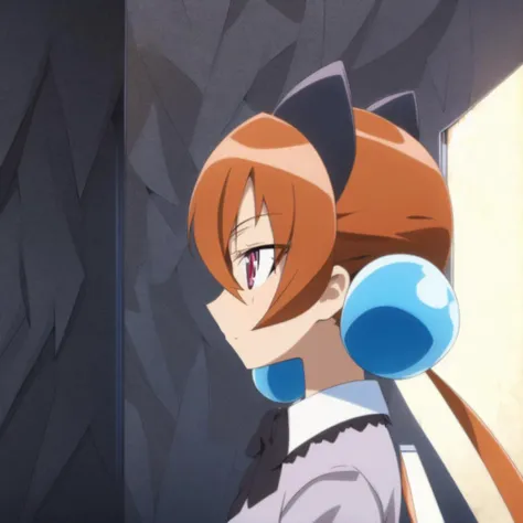 anime girl with long hair and a blue earring standing in front of a wall