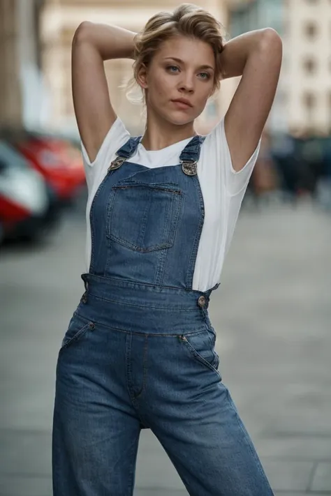 1girl, solo, portrait, ((denim overall with t-shirt)), looking at viewer, (blurry background), soft lighting, masterpiece, best ...