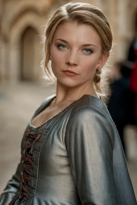 1girl, solo, portrait, ((medieval era, princess dress)), at castle, looking at viewer, (blurry background), soft lighting, maste...