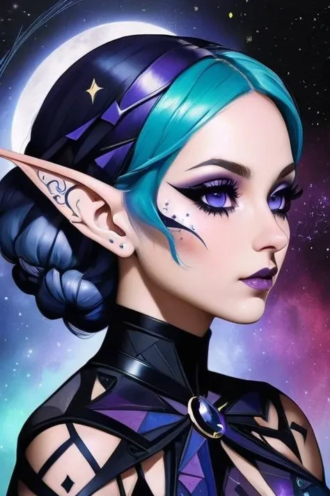 a woman with blue hair and a black top with a star on her face