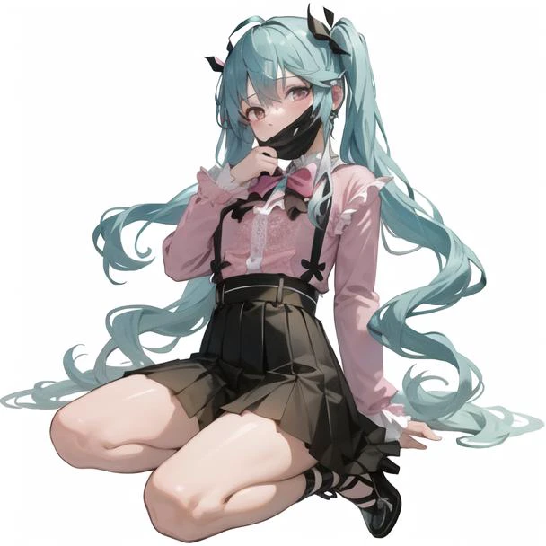 (masterpiece,best quality, extremely detailed, 8k , wallpaper, detailed), (1 girl:1.4),(only character:1.4), hatsune miku, aqua hair, smile, ( jirai-kei-jyoshi),(pink lace shirt:1.8), black bow tie, (wearing pink doll clothes), black skirt with white lace,...