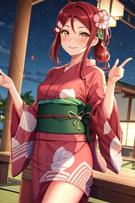 best quality, masterpiece, highres, solo, {yukata:1.40}, {kimono:1.20}, {sakurauchi_riko_lovelivesunshine:1.15}, red_hair, long_hair, yellow_eyes, hair_ornament, blush, smile, hairclip, breasts