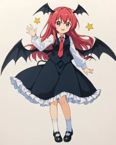 koakuma,1girl, solo, demon_tail, head_wings, long_sleeves, traditional_media, dated, red_necktie, :d, full_body, black_footwear, white_socks, looking_at_viewer, bat_wings, open_mouth, white_shirt, simple_background, mary_janes, waving, hand_up, demon_wings...