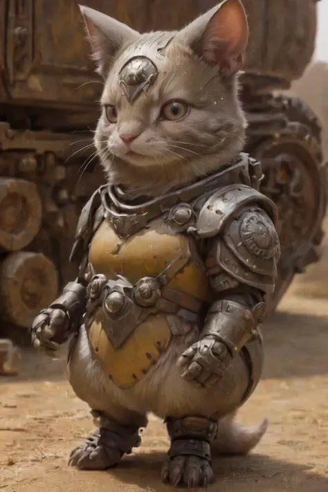 a close up of a cat in armor standing in front of a tank