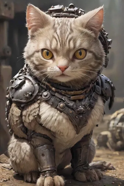 a close up of a cat wearing a armor outfit on a dirt ground