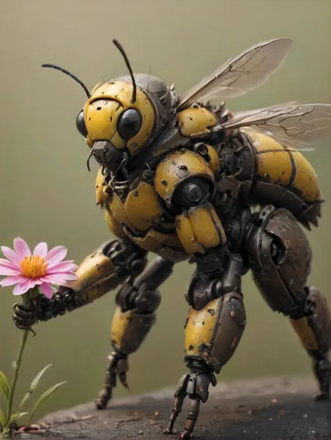 wildlife photo, an armored bee-mech that is heavy platted, pollen, resting on a flower,   <lora:- sdxl - heavy_armored_v2.1:1>