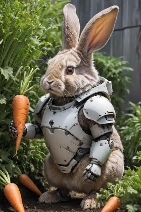 side view of a rabbit-robot wearing fluffy heavy (armored:1.2) (carrots:1.2), garden backdrop,,  <lora:- sdxl - heavy_armored_v2...