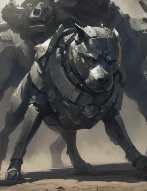 concept art, depiction of an epic and armored dog ready for battle, deep shadow, cinematic, contrast  <lora:- sdxl - amredpll_ar...