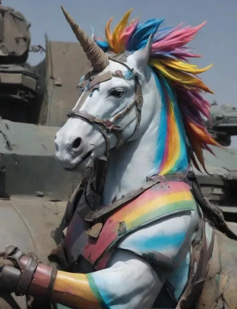 amredpll, concept art, depiction of an armored colorful punk unicorn on an armor plated rainbow, deep shadow, cinematic, contras...