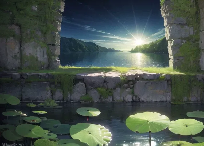 there is a picture of a lake with water lilies in it