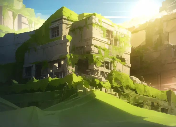 green theme, yellow theme,masterpiece, <lora:kung_fu_piggy-09:1> kung_fu_piggy, ruins, dunes, sand, (overgrown), sun, sunlight, lens flare, landscape