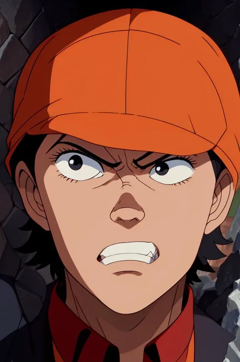 kei, black eyes, black hair, short hair, (orange buttonshirt, short sleeves), angry expression, half body, in a dark tunnel, (insanely detailed, beautiful detailed face, masterpiece, best quality),<lora:kei:0.8>, (film grain:1.0), anime screenshot, (Profil...