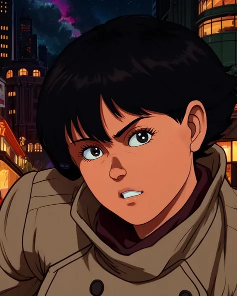 kei,black eyes,black hair,short hair,trench coat,long sleeves,scarf,upper body,night,city,(insanely detailed, beautiful detailed face, masterpiece, best quality),<lora:kei:0.8>,close up,
