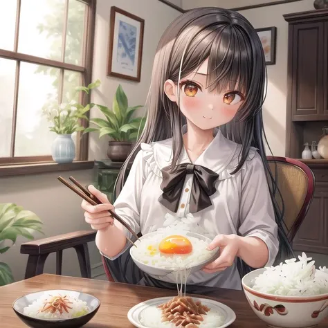 ultra-detailed,masterpiece,best quality,1girl,blouse,black longhair,girl focus <lora:add_detail:1>,living room,table,chair,rice,fried egg with bacon on plate,rice bowl,(nattou),chopstick, <lora:nattou_SD15_V1:0.7>