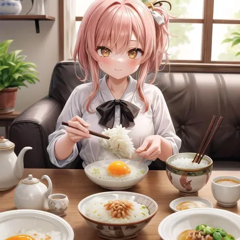 ultra-detailed,masterpiece,best quality,1girl,blouse,girl focus <lora:add_detail:1>,living room,table,chair,rice,fried egg with bacon on plate,rice bowl,(nattou),miso soup,chopstick, <lora:nattou_SD15_V1:0.7>