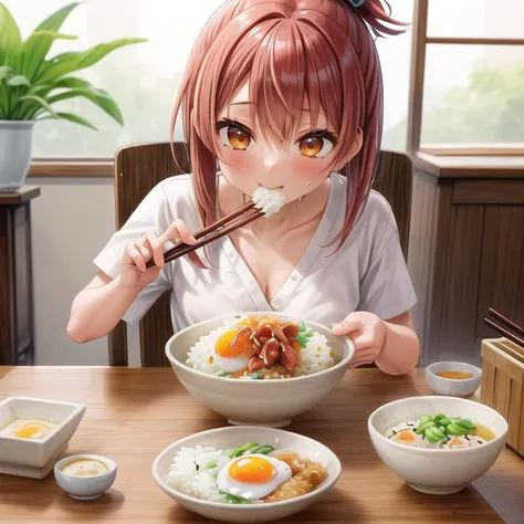 ultra-detailed,masterpiece,best quality,1girl,girl focus <lora:add_detail:1>,living room,table,chair,donburi,rice,fried egg with bacon on dish,nattou,miso soup,chopstick,eating rice,close up <lora:nattou_SD15_V1:0.5>