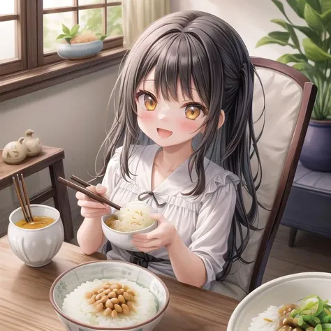 ultra-detailed,masterpiece,best quality,1girl,blouse,black longhair,happy,girl focus <lora:add_detail:1>,living room,table,chair,(rice,rice bowl,nattou),miso soup,chopstick, <lora:nattou_SD15_V1:0.7>