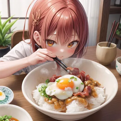 ultra-detailed,masterpiece,best quality,1girl,girl focus <lora:add_detail:1>,living room,table,chair,donburi,rice,fried egg with bacon on dish,nattou,miso soup,chopstick,eating rice,close up <lora:nattou_SD15_V1:0.5>