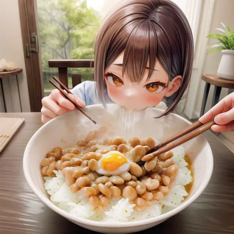 ultra-detailed,masterpiece,best quality,1girl <lora:add_detail:1>,living room,table,chair,donburi,rice,fried egg,bacon,nattou,miso soup,chopstick,eating rice,close up <lora:nattou_SD15_V1:0.8>