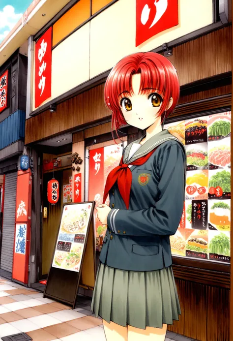 <lora:xl-ç»-é­å¡å°å¥³æ¨±m:0.8> ,traditional media,1girl, solo,red hair,short hair,school uniform, <lora:yukari_storefront_sd...