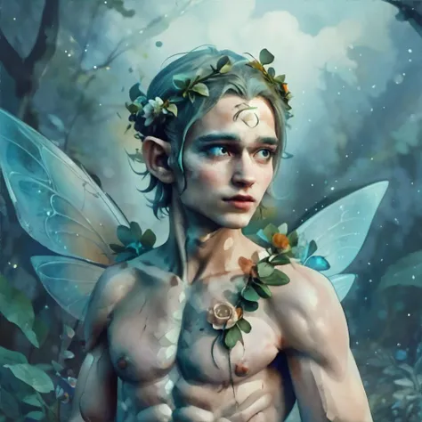 <lora:niji-watercolor:1.00>, male fairy, wearing flower crown, fairy wings, forest, oberon, <clip:skip:2> || <lora:niji-watercolor:0.3>, person, fairy, masterpiece, 8k, high resolution, shallow depth of field, sharp focus