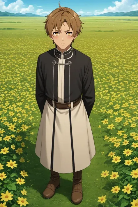 a young man standing in a field of flowers with a sky background