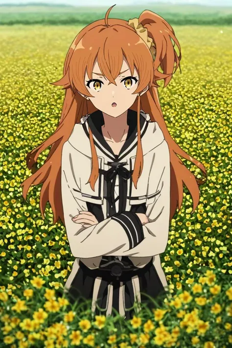 a girl in a field of flowers with her arms crossed