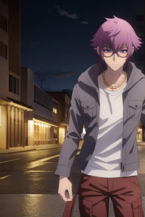 yuuyamirokuji, <lora:yuuya mirokuji s1-lora-nochekaiser:1>,
yuuya mirokuji, purple hair, male focus, sunglasses,
BREAK necklace, chain, jacket, grey jacket, pants, red pants, shirt, white shirt,
BREAK outdoor, city, night, sky, buildings, moon, clouds,
BRE...