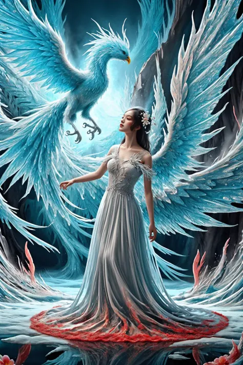 a woman in a white dress standing in front of a blue bird