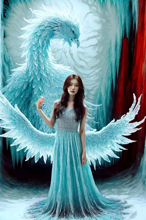 A girl wearing a long dress danced and performed a prayer ritual in front of the Ice Gods palace,a giant ice phoenix lurked in the sky,(Phoenix of Sora:1.2),<lora:PhoenixSora:0.6>,
very long hair,sword,wide_shot,<lora:add_detail:0.6>,a rocky cliff,
mytholo...