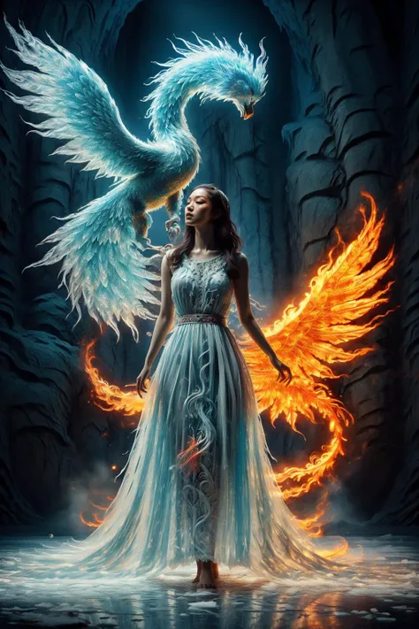 A girl wearing a long dress danced and performed a prayer ritual in front of the Ice Gods palace,a giant ice phoenix lurked in the sky,(Phoenix of Sora:1.2),<lora:PhoenixSora:0.6>,
very long hair,sword,wide_shot,<lora:add_detail:0.6>,a rocky cliff,
mytholo...