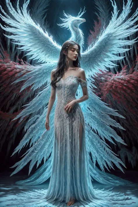 A girl wearing a long dress danced and performed a prayer ritual in front of the Ice Gods palace,a giant ice phoenix lurked in the sky,(Phoenix of Sora:1.2),<lora:PhoenixSora:0.6>,
very long hair,sword,wide_shot,<lora:add_detail:0.6>,a rocky cliff,
mytholo...