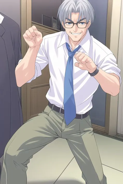 takayashiki hiroshi, kazoku keikaku, solo, looking at viewer, smile, 1boy, standing, male focus, glasses, collared shirt, belt, paw pose, blue necktie, wristwatch, grey pants, old man, fighting stance, <lora:kazoku_keikaku:0.6>